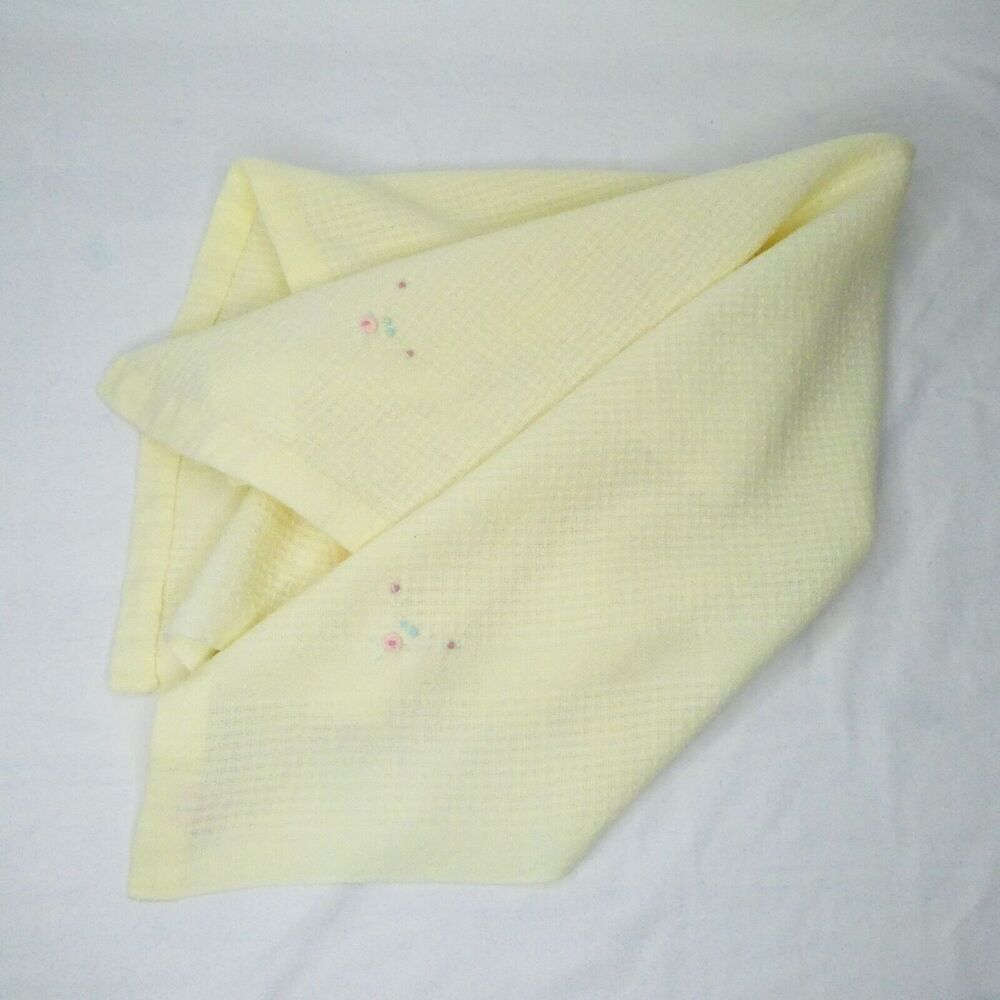 Vintage Baby Blanket Churchill Handwoven Yellow 27x31 Embroidered Flowers Stains